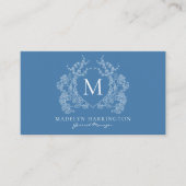 Moderne Franse Blauwe Bloemenkam Monogram Visitekaartje (Voorkant)