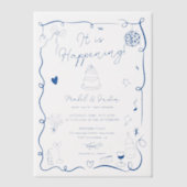 Moderne Franse Blauwe Quirky Scribble Retro bruilo Vellum Uitnodigingen (Voorkant)