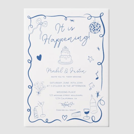 Moderne Franse Blauwe Quirky Scribble Retro bruilo Vellum Uitnodigingen (Voorkant)