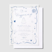 Moderne Franse Blauwe Quirky Scribble Retro bruilo Vellum Uitnodigingen (Offset)