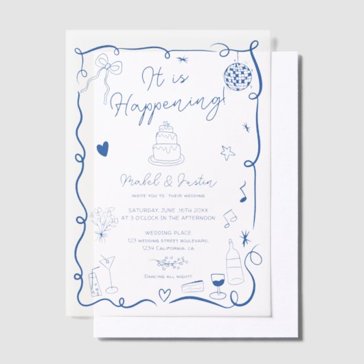 Moderne Franse Blauwe Quirky Scribble Retro bruilo Vellum Uitnodigingen (Offset)