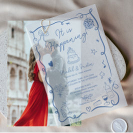 Moderne Franse Blauwe Quirky Scribble Retro bruilo Vellum Uitnodigingen