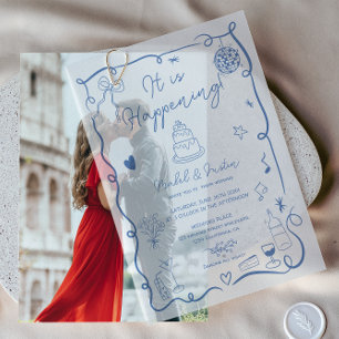 Moderne Franse Blauwe Quirky Scribble Retro bruilo Vellum Uitnodigingen