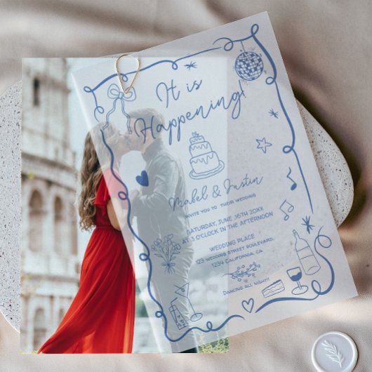 Moderne Franse Blauwe Quirky Scribble Retro bruilo Vellum Uitnodigingen