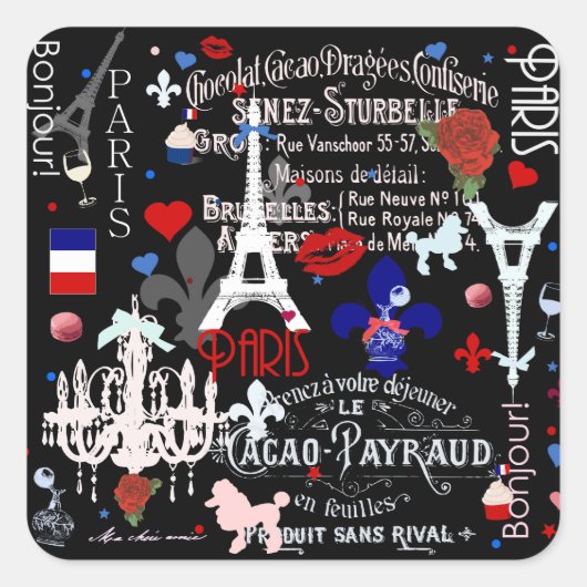 Moderne Franse zwarte collage Vierkante Sticker (Voorkant)