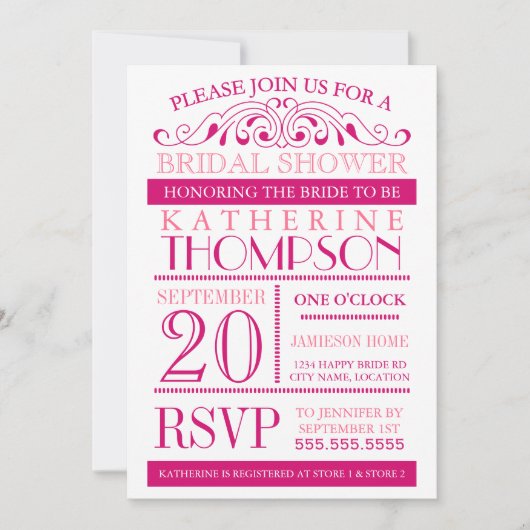 Moderne Fuchsia and Pink Bridal Shower Invitation Kaart (Voorkant)