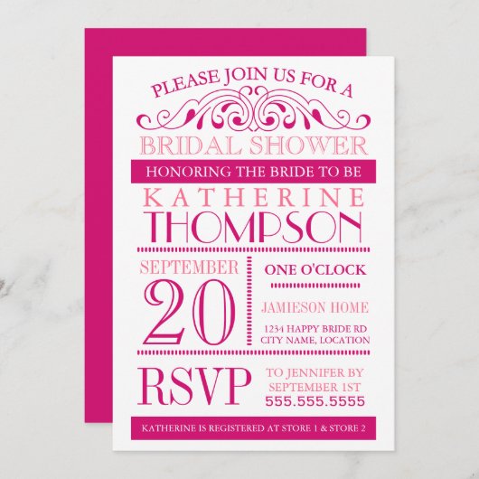 Moderne Fuchsia and Pink Bridal Shower Invitation Kaart (Voorkant / Achterkant)
