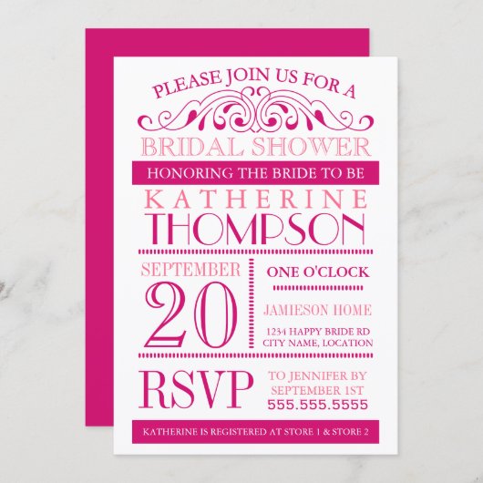 Moderne Fuchsia and Pink Bridal Shower Invitation Kaart (Voorkant / Achterkant)