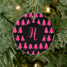 Moderne Fuchsia & Black kerstboommonogram Ce. Keramisch Ornament