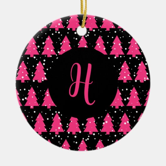 Moderne Fuchsia & Black kerstboommonogram Ce. Keramisch Ornament (Voorkant)
