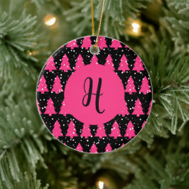 Moderne Fuchsia & Black kerstboommonogram Ce. Keramisch Ornament