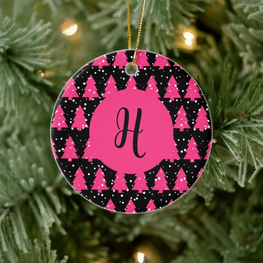 Moderne Fuchsia & Black kerstboommonogram Ce. Keramisch Ornament (Boom)