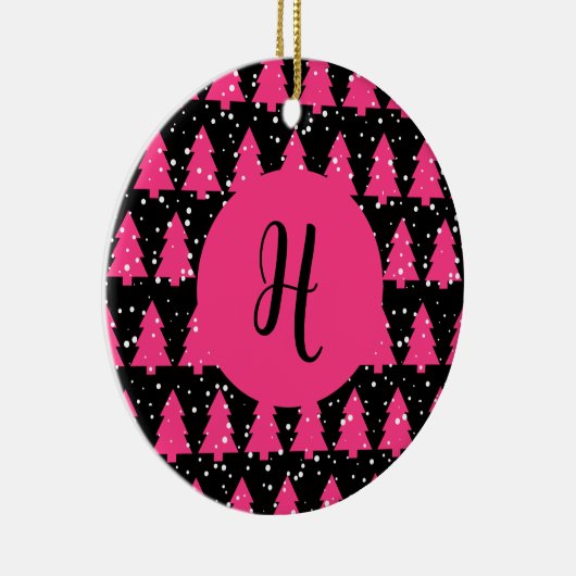 Moderne Fuchsia & Black kerstboommonogram Ce. Keramisch Ornament (Rechts)