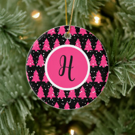 Moderne Fuchsia & Black kerstboommonogram Ce. Keramisch Ornament