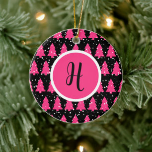 Moderne Fuchsia & Black kerstboommonogram Ce. Keramisch Ornament