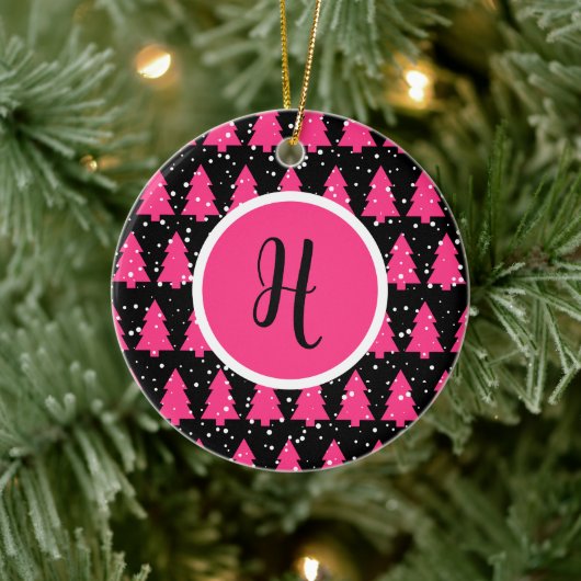 Moderne Fuchsia & Black kerstboommonogram Ce. Keramisch Ornament (Boom)