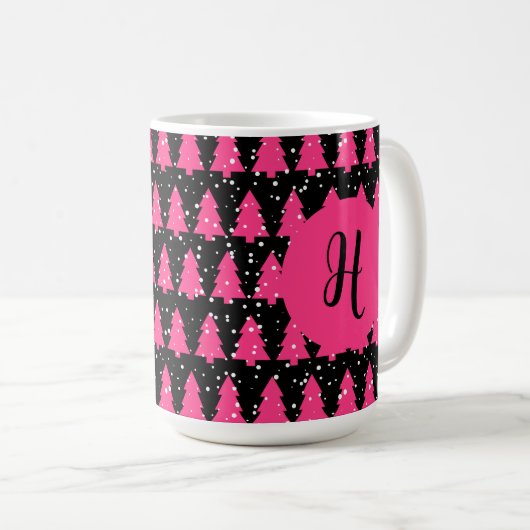 Moderne Fuchsia & Black kerstboommonogram Cof Koffiemok (Voorkant rechts)