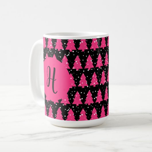 Moderne Fuchsia & Black kerstboommonogram Cof Koffiemok (Voorkant links)