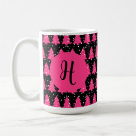 Moderne Fuchsia & Black kerstboommonogram Cof Koffiemok