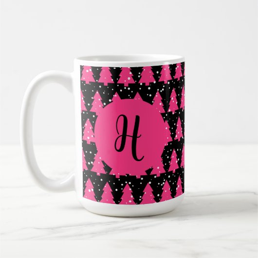 Moderne Fuchsia & Black kerstboommonogram Cof Koffiemok (Links)