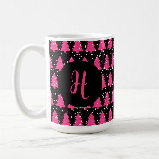 Moderne Fuchsia & Black kerstboommonogram Cof Koffiemok (Links)