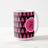 Moderne Fuchsia & Black kerstboommonogram Cof Koffiemok (Voorkant rechts)