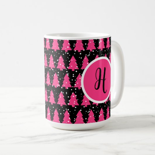 Moderne Fuchsia & Black kerstboommonogram Cof Koffiemok (Voorkant rechts)