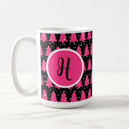 Moderne Fuchsia & Black kerstboommonogram Cof Koffiemok