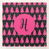Moderne Fuchsia & Black kerstboommonogram Gla Glazen Onderzetter (Voorkant)