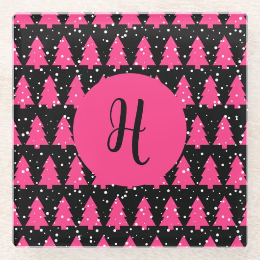 Moderne Fuchsia & Black kerstboommonogram Gla Glazen Onderzetter (Voorkant)