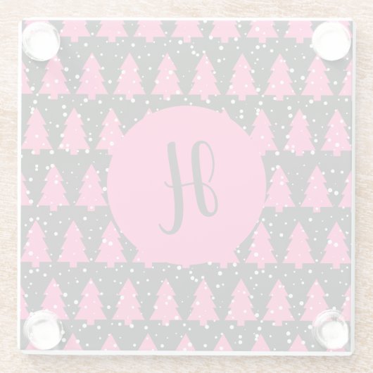 Moderne Fuchsia & Black kerstboommonogram Gla Glazen Onderzetter (Achterkant)