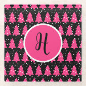 Moderne Fuchsia & Black kerstboommonogram Gla Glazen Onderzetter (Voorkant)