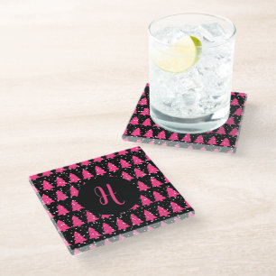 Moderne Fuchsia & Black kerstboommonogram Gla Glazen Onderzetter