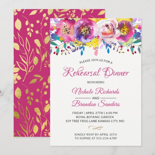 Moderne Fuchsia Gold floral Garden repetial Dinner Kaart (Voorkant / Achterkant)