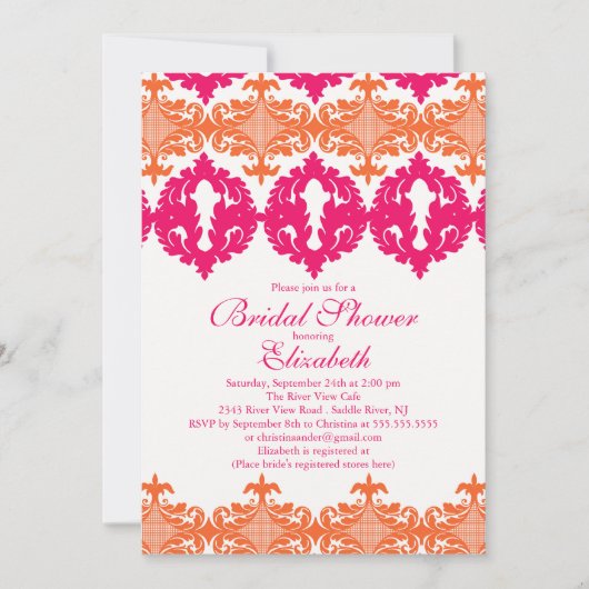 Moderne Fuchsia & Oranje Damask Vrijgezellenfeest Kaart (Voorkant)