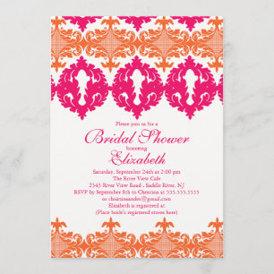 Moderne Fuchsia & Oranje Damask Vrijgezellenfeest Kaart