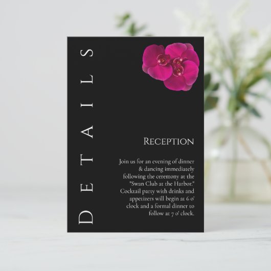 Moderne Fuchsia orchideeën-bruiloft details- Informatiekaartje (Staand voorkant)