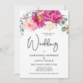 Moderne Fuchsia Roze Bloemen QR Code Huwelijk Kaart (Voorkant)