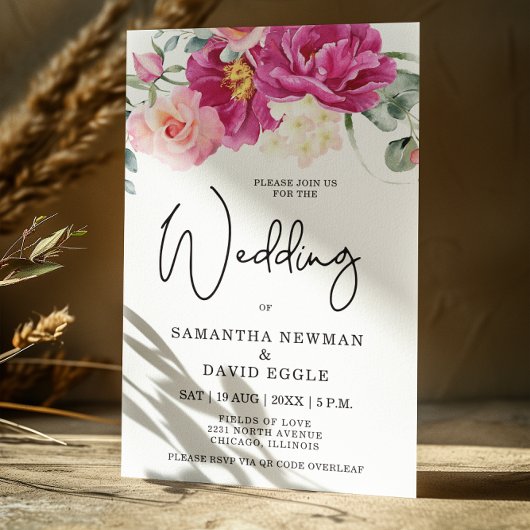 Moderne Fuchsia Roze Bloemen QR Code Huwelijk Kaart