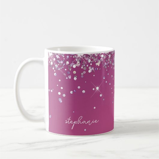 Moderne Fuchsia Roze Glitter Aangepast Koffiemok (Links)