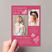 Moderne Fuchsia Vlinder Foto Afstudeerfeest Acryl Uitnodigingen (Insitu (Draagbaar))