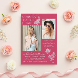 Moderne Fuchsia Vlinder Foto Afstudeerfeest Acryl Uitnodigingen