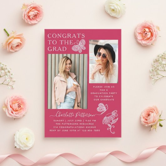 Moderne Fuchsia Vlinder Foto Afstudeerfeest Acryl Uitnodigingen