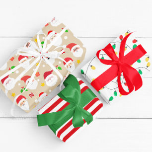 Moderne Fun Santa, Stripes & Christmas Lights Tan Inpakpapier Vel