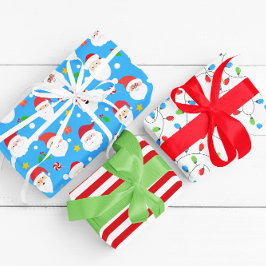 Moderne Fun Santa Stripes & Kerstverlichting Blauw Inpakpapier Vel