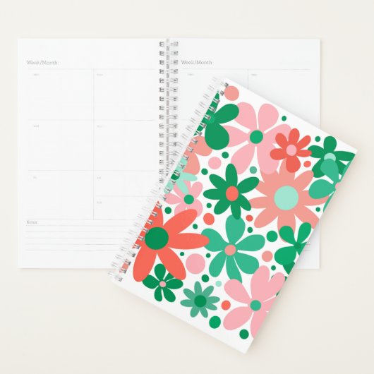 Moderne, funky, groene, roze, koraalbloemen. planner (Display)