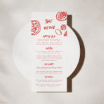 Moderne Funky Retro Bold Red Wedding Menu<br><div class="desc">Ons unieke handgetekende huwelijksmenu is echt *chefs kus*. Dit ontwerp heeft een leuke en eclectische typografie die het natuurlijke handschrift imiteert,  met op maat gemaakte illustraties,  perfect om uw receptie en diner te vertegenwoordigen. Deze versie bevat vetgedrukte poppen van rood.</div>