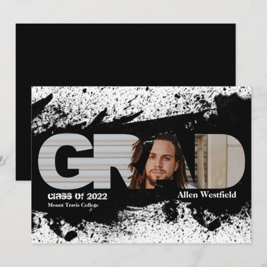 Moderne Funky Zwarte Spat GRAD Fotoaankondiging Kaart (Voorkant / Achterkant)