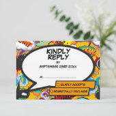 Moderne Funny Comic Boek Huwelijk RSVP Kaartje (Staand voorkant)