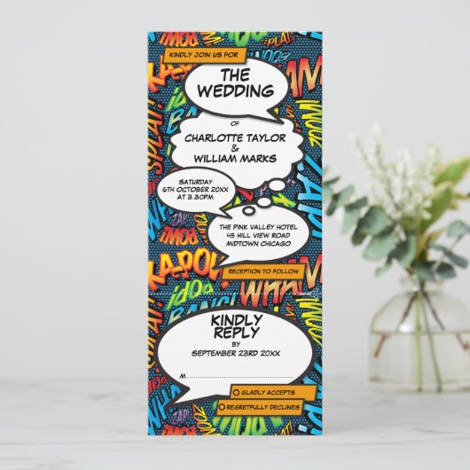 Moderne Funny Comic Book All In One Trouwdag Kaart (Staand voorkant)